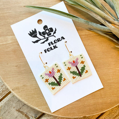 Folk Tulip Earrings | Pink + White by Flora Folk