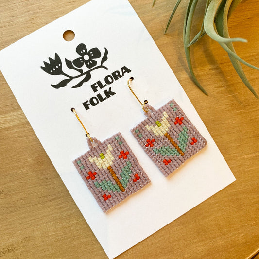 Folk Tulip Earrings | Purple + White + Blue by Flora Folk
