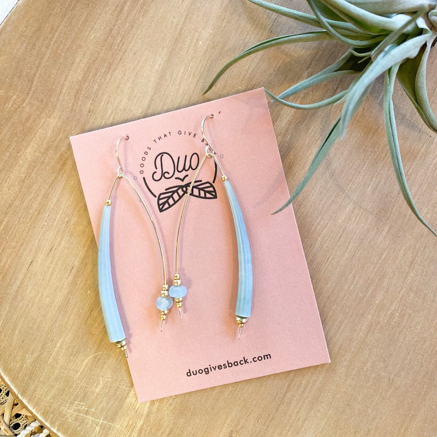 Duo earrings with a plant in the background