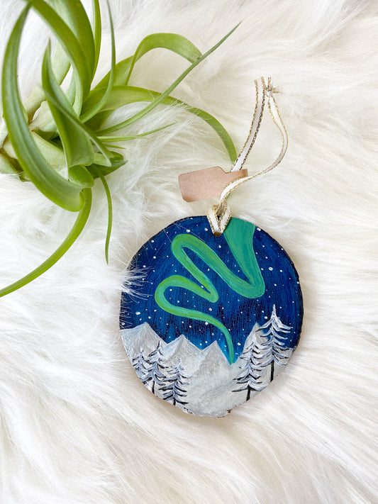 Northern Lights in the Woods Hand-Painted Ornament by Brittany Montour