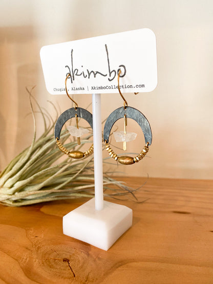 Evil Eye | Black + Brass + Raw Quartz Earrings by Akimbo Collection