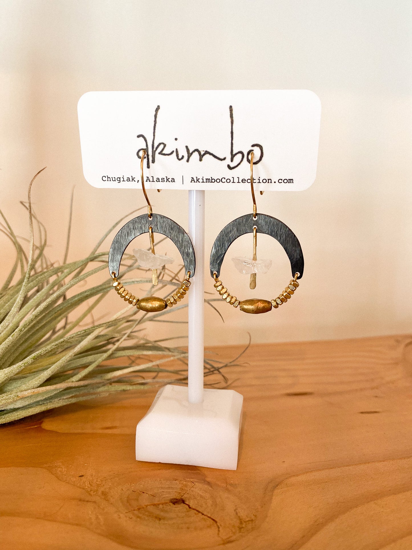 Evil Eye | Black + Brass + Raw Quartz Earrings by Akimbo Collection