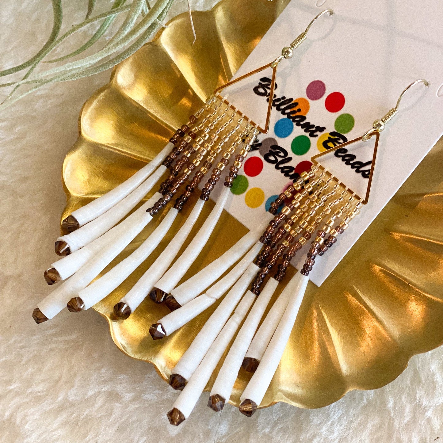 Triangle Dentalium Beaded Earrings #39 by Blanche Sam