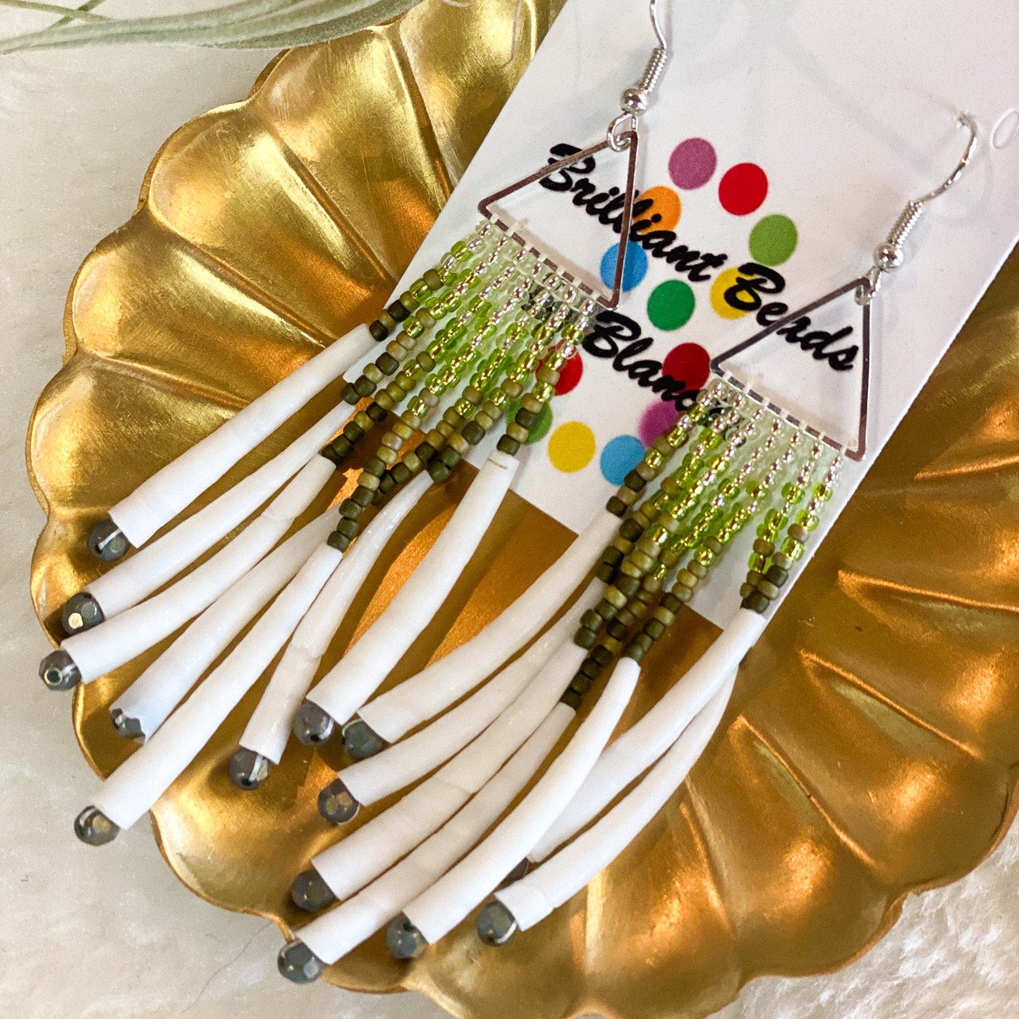 Triangle Dentalium Beaded Earrings #36 by Blanche Sam