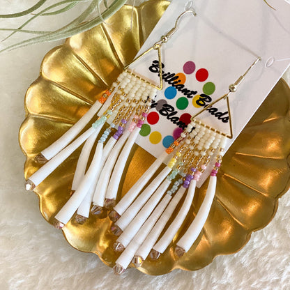 Triangle Dentalium Beaded Earrings #40 by Blanche Sam