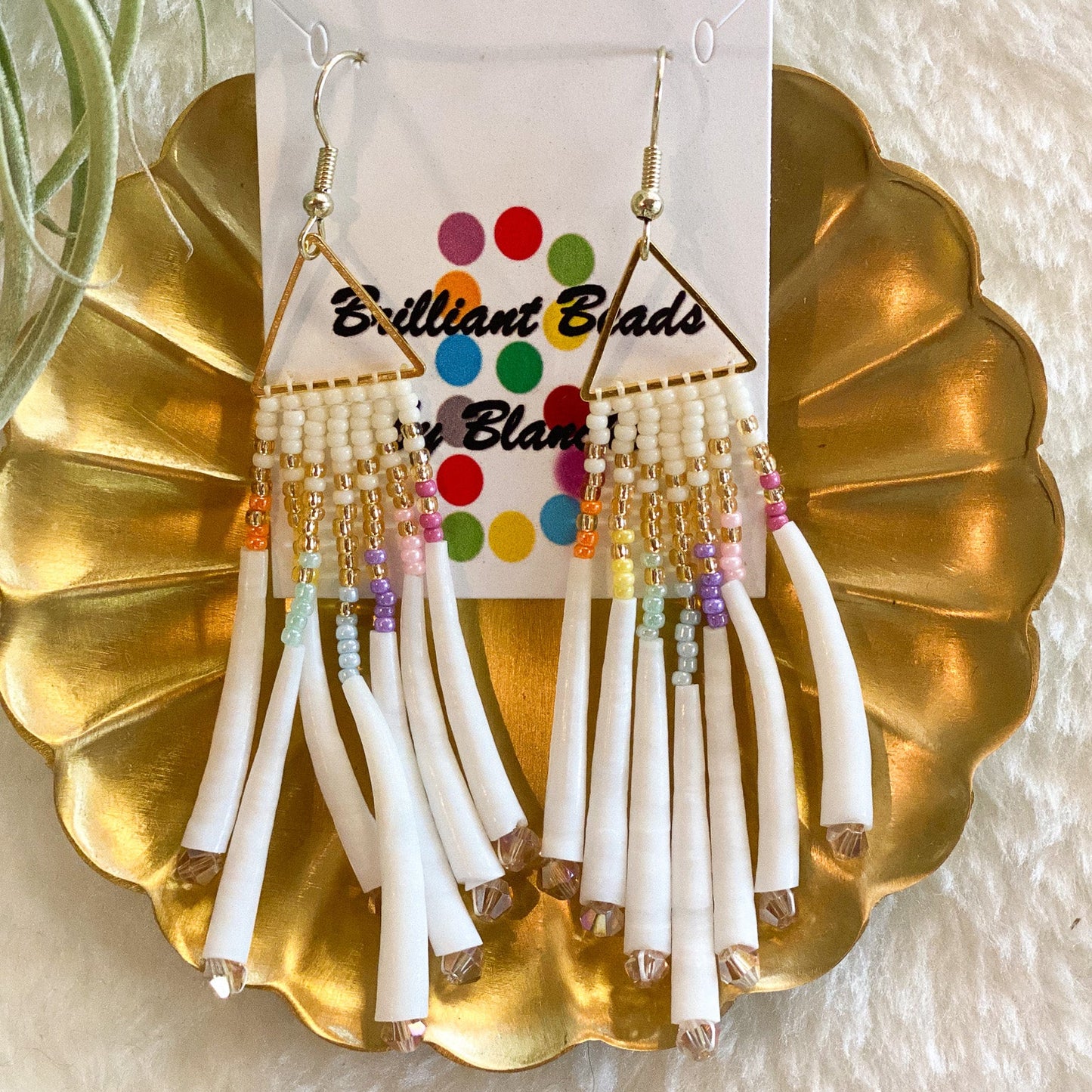 Triangle Dentalium Beaded Earrings #40 by Blanche Sam