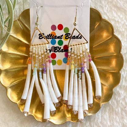 Triangle Dentalium Beaded Earrings #40 by Blanche Sam