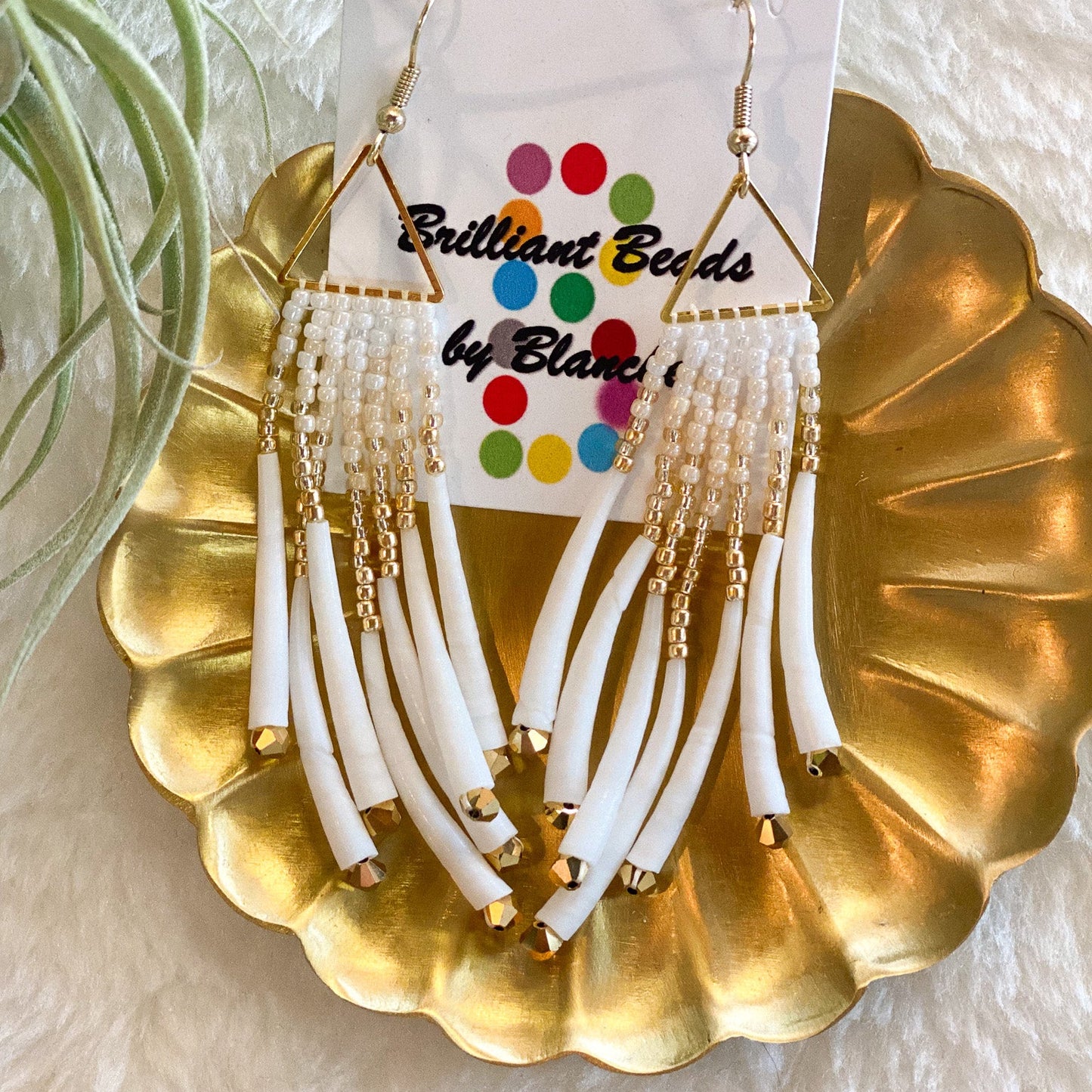 Triangle Dentalium Beaded Earrings #37 by Blanche Sam