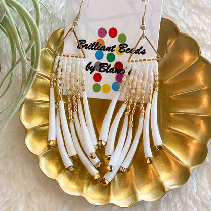 Triangle Dentalium Beaded Earrings #37 by Blanche Sam