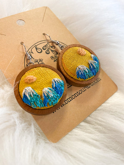Sun + Mountains on Yellow Linen Earrings by Brittany Montour