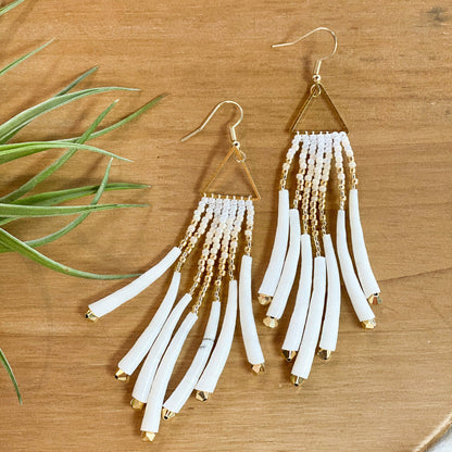Triangle Dentalium Beaded Earrings #20 by Blanche Sam