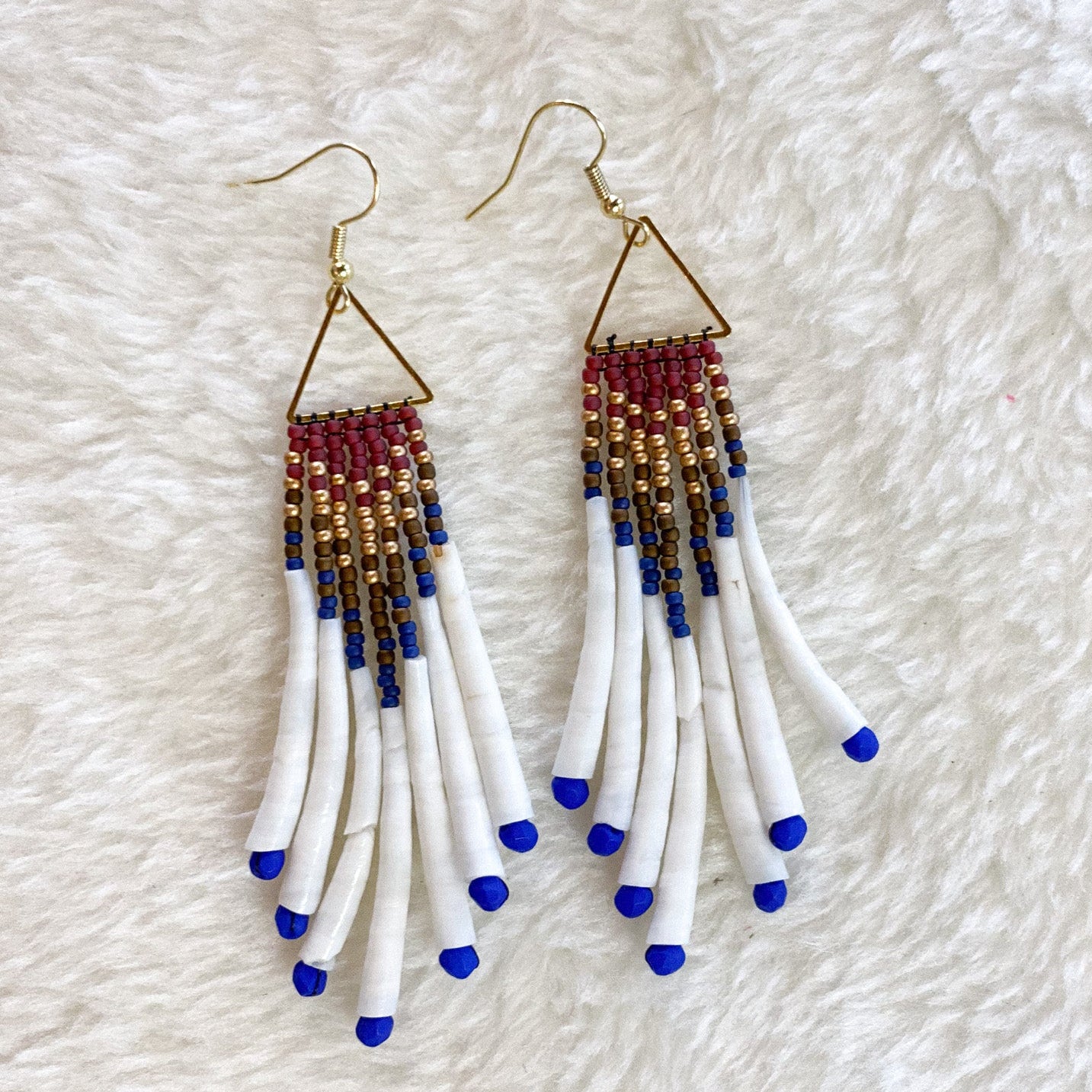Triangle Dentalium Beaded Earrings #45 by Blanche Sam