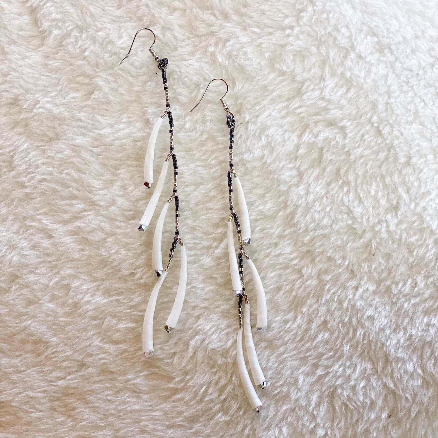 Long Dentalium Silver Beaded Earrings #48 by Blanche Sam