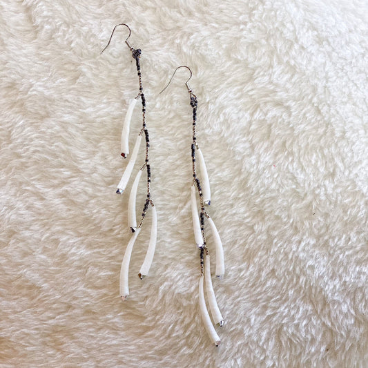 Long Dentalium Silver Beaded Earrings #48 by Blanche Sam