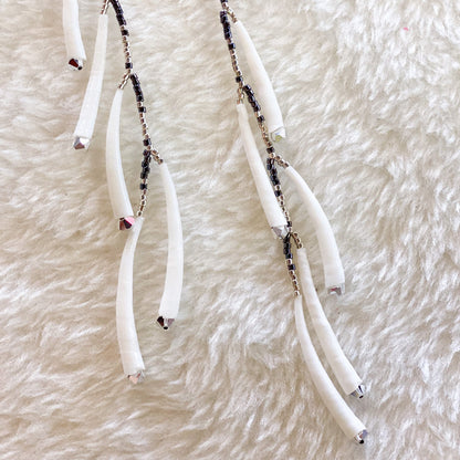 Long Dentalium Silver Beaded Earrings #48 by Blanche Sam