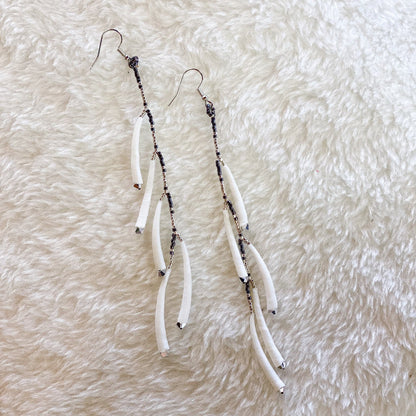 Long Dentalium Silver Beaded Earrings #48 by Blanche Sam