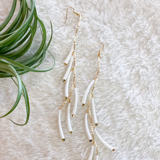 Long Dentalium Gold + Cream Beaded Earrings #49 by Blanche Sam