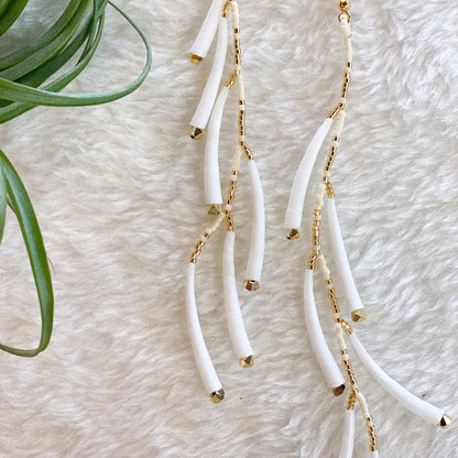 Long Dentalium Gold + Cream Beaded Earrings #49 by Blanche Sam