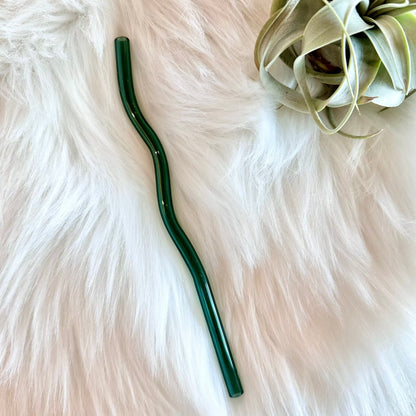 Dark Green Wavy Glass Straw