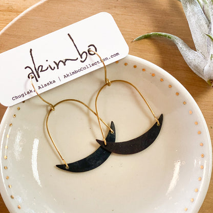 Moon Slice | Hammered Brass + Black Earrings by Akimbo Collection