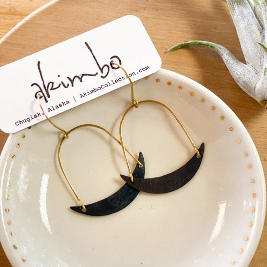 Moon Slice | Hammered Brass + Black Earrings by Akimbo Collection