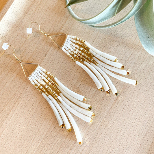Small Triangle Dentalium Beaded Earrings #2 by Blanche Sam