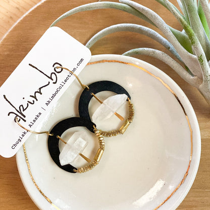 Evil Eye | Black + Brass + Raw Quartz Earrings by Akimbo Collection