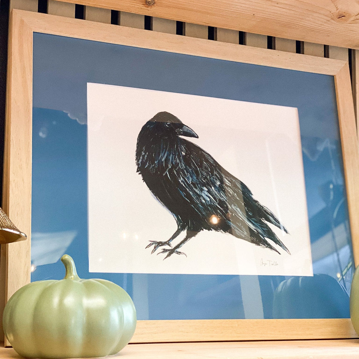 Framed Raven 11x14 Print with Blue Matting by Anya Toelle