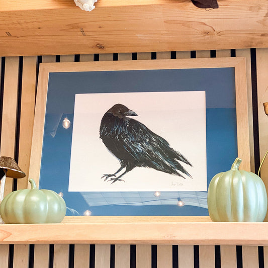 Framed Raven 11x14 Print with Blue Matting by Anya Toelle