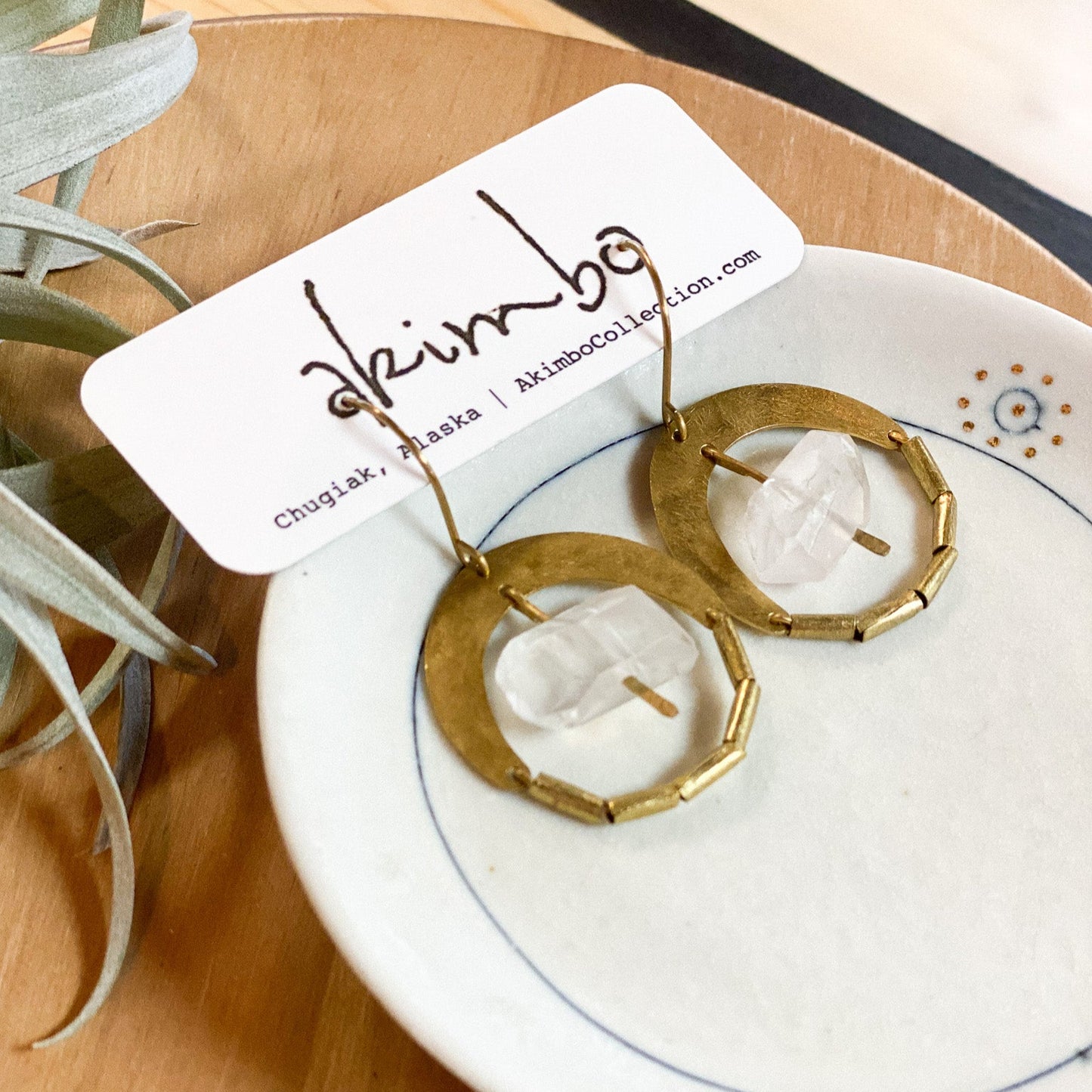 Evil Eye | Brass + Raw Quartz Earrings by Akimbo Collection