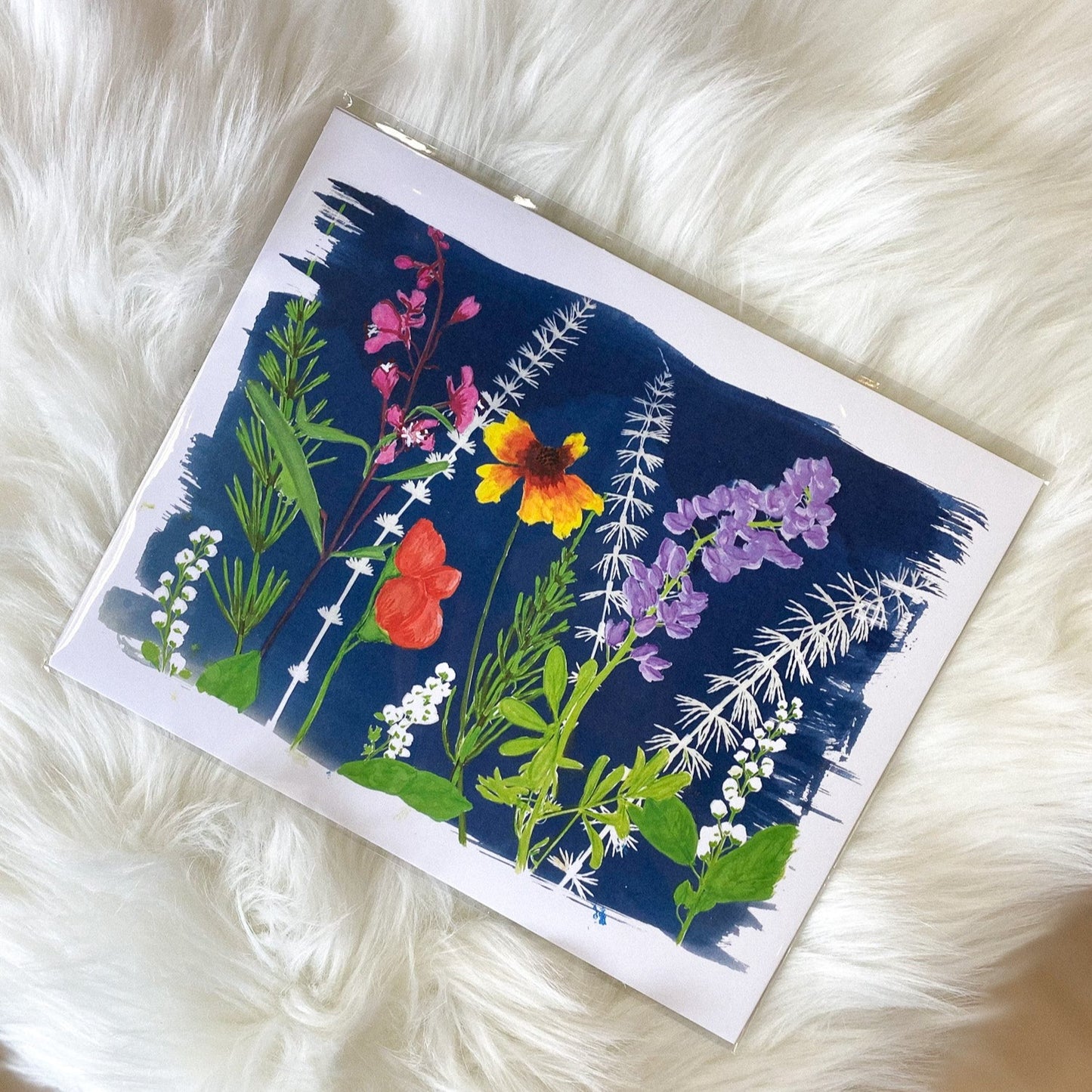 Wildflowers, Cyanotype + Mixed Media Print by AK Sunprints