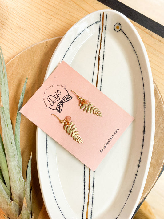 Berry & Small Leaf Earrings | Brass + Sunstone by DUO Goods
