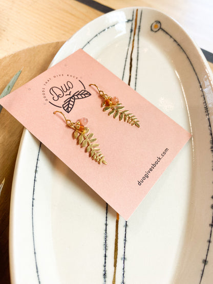 Berry & Small Leaf Earrings | Brass + Sunstone by DUO Goods