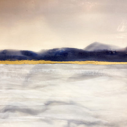 Abstract landscape with mountains and a sky.
