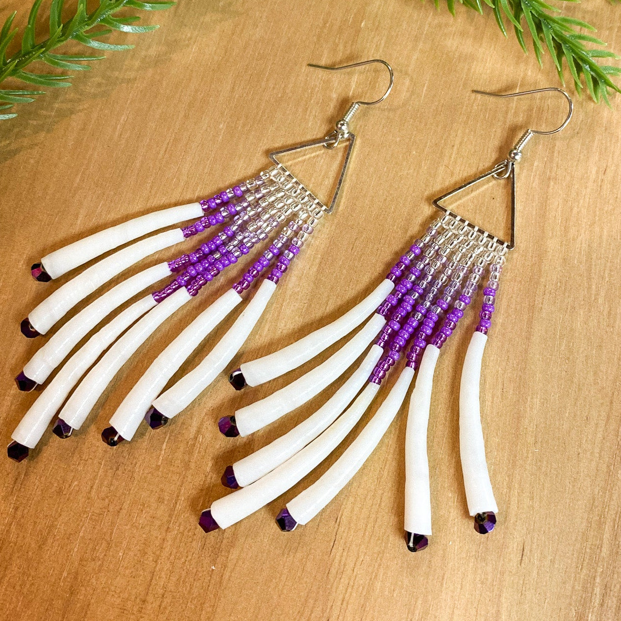 Triangle Dentalium Beaded Earrings #28 by Blanche Sam