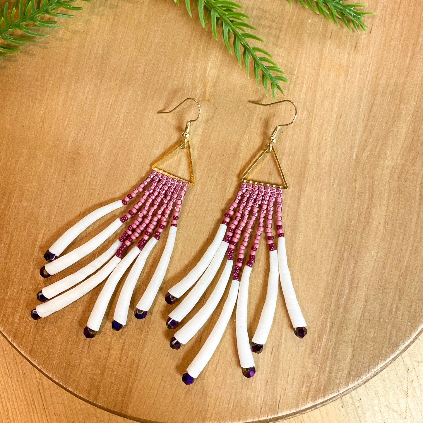 Triangle Dentalium Beaded Earrings #29 by Blanche Sam