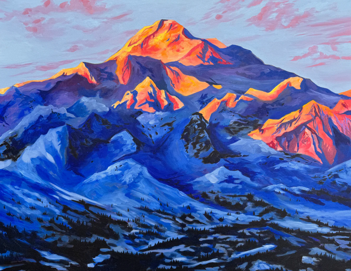 Painting of Denali in Alaska with blue and orange hues