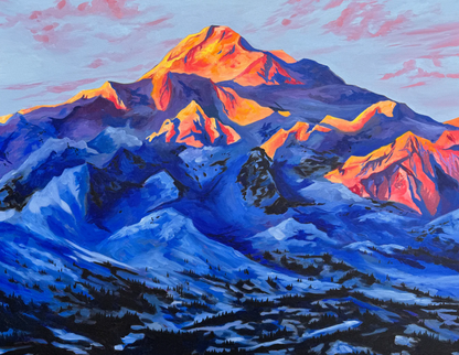 Painting of Denali in Alaska with blue and orange hues