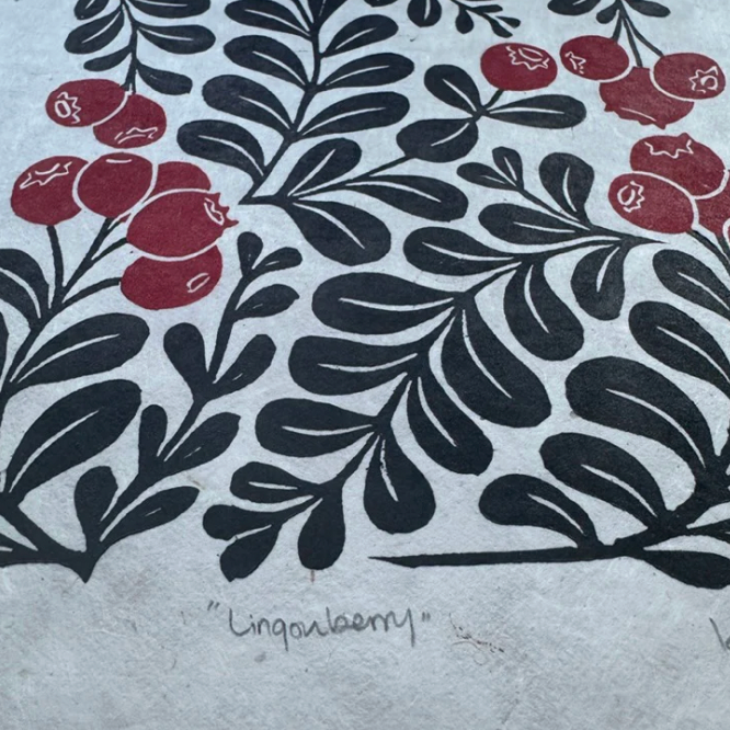 Artistic print of black leaves and red berries on textured paper with 'Lingonberry' text.