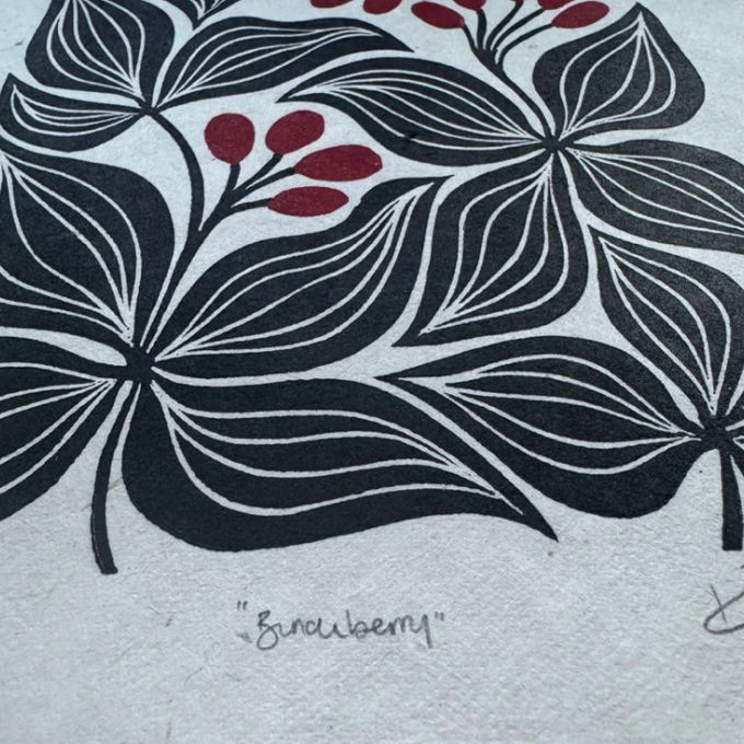 Black floral design with red berries on a white background