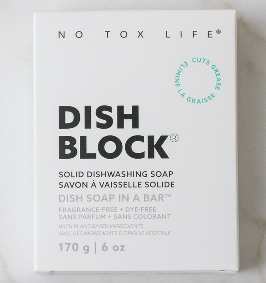Box of No Tox Life Dish Block solid dishwashing soap on a light background