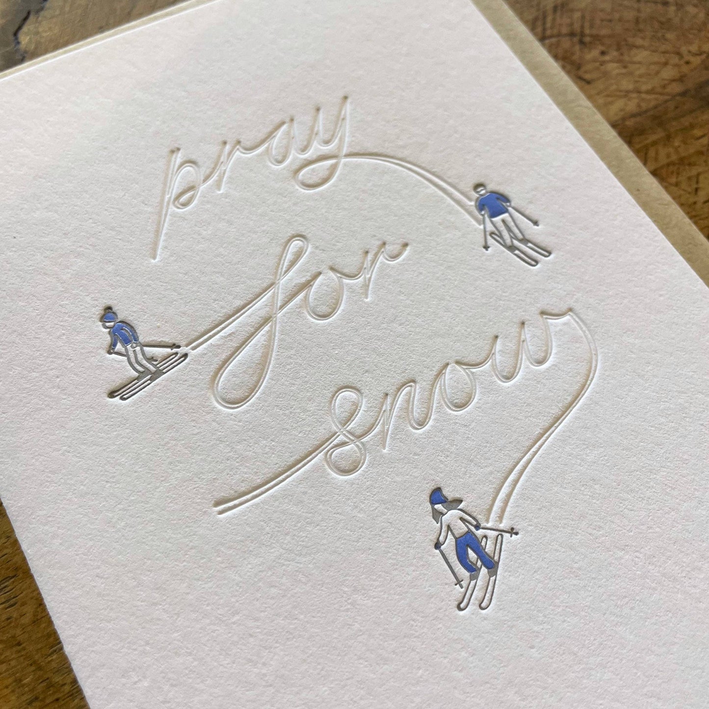 Pray for Snow Skiers Letterpress Holiday Card by Green Bird Press