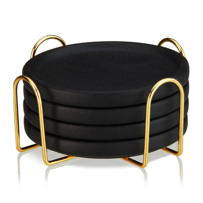 Black Earthenware Coasters with Gold-Plated Stand | Set of 4