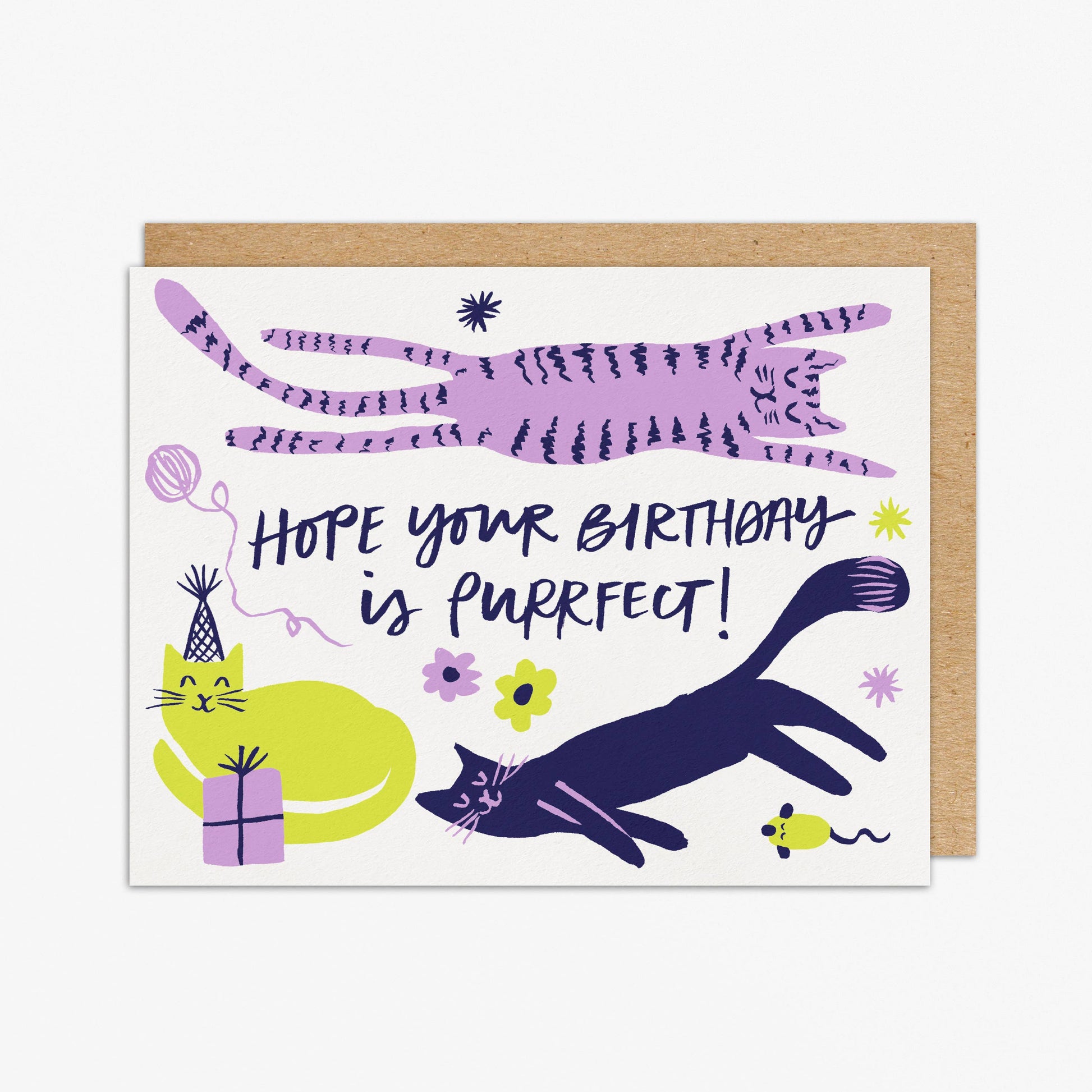 Birthday card with cats and text 'Hope your birthday is purrfect!' on a white background
