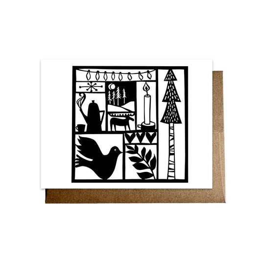 Decorative greeting card with black cut-out design on a white background